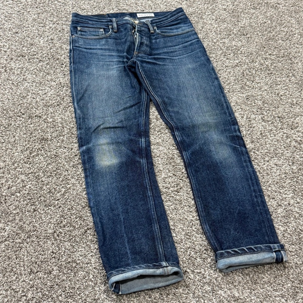 Gustin‎ Selvedge Denim Jeans 32x31 Slim Fit Raw Blue Made in USA Button Fly